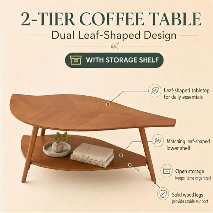 Small Coffee Table with Storage,Unique Leaf Handcrafted Marquetry,Mid Century Modern Oval Wooden Coffee Table,Natural Oak Veneer, Solid Wood Legs,for Living Room,Apartment(Walnut)