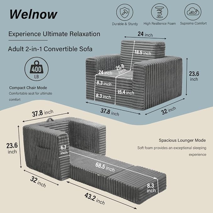 Welnow Folding Sofa Bed with Ottoman, Convertible 2-in-1 Boneless Couch Futon Lounge Chair Bed for Adults, Comfy Fold Out Sleeper Sofa for Small Spaces, Living Room, Bedroom, or Dorm, Dark Grey