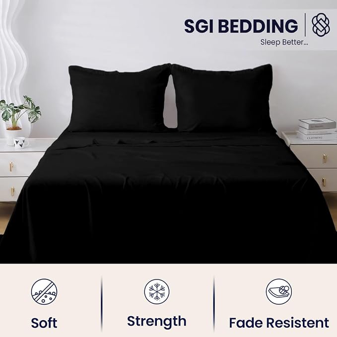 SGI bedding 100% Egyptian Cotton Sheets RV King Size – 600 Thread Count Sheets Set, Soft, Cooling, 15" Deep Pocket, Luxury Hotel Bedding, Breathable, Durable - Black