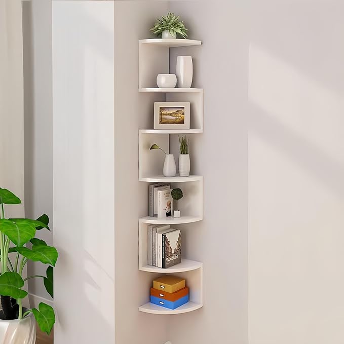 7-Tier Corner Shelf Wall Mount, Screw-Mounted Floating Bookshelf with Enhanced Support, Space-Saving Zigzag Shelf for Bedroom, Living Room, Office, Garage – (White)