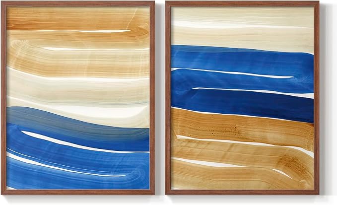 Renditions Gallery Set of 2 Peel & Stick Framed Prints, Abstract Wall Art, Blue and Gold Wave Textured Background Wall Decor, Re-Stickable - Ready to Hang - 8"x10" - Walnut Frame LT588