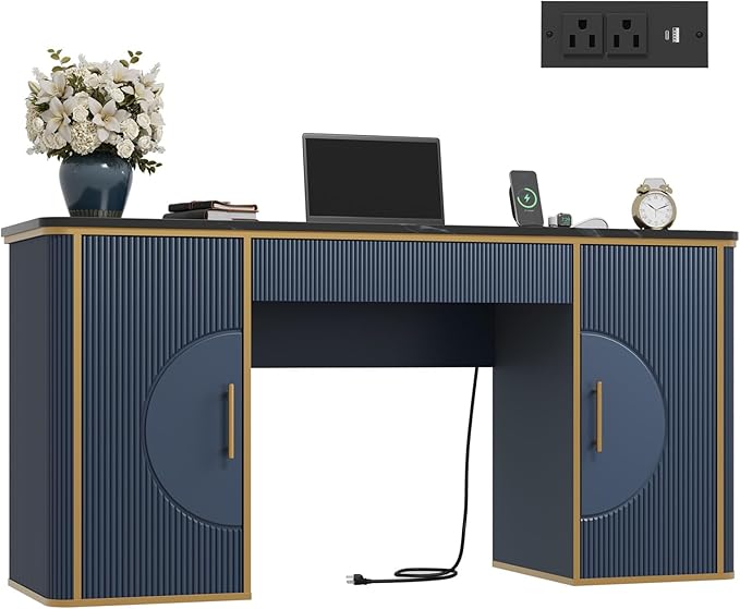 60" Fluted Computer Desk, Wooden Long Home Office Writing Desk with Drawer & Storage Cabinet, Modern Writing Table with Charging Station, High Executive Desk for Office，Bedroom, Navy Blue