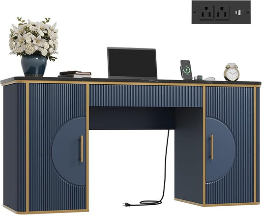 60" Fluted Computer Desk, Wooden Long Home Office Writing Desk with Drawer & Storage Cabinet, Modern Writing Table with Charging Station, High Executive Desk for Office，Bedroom, Navy Blue