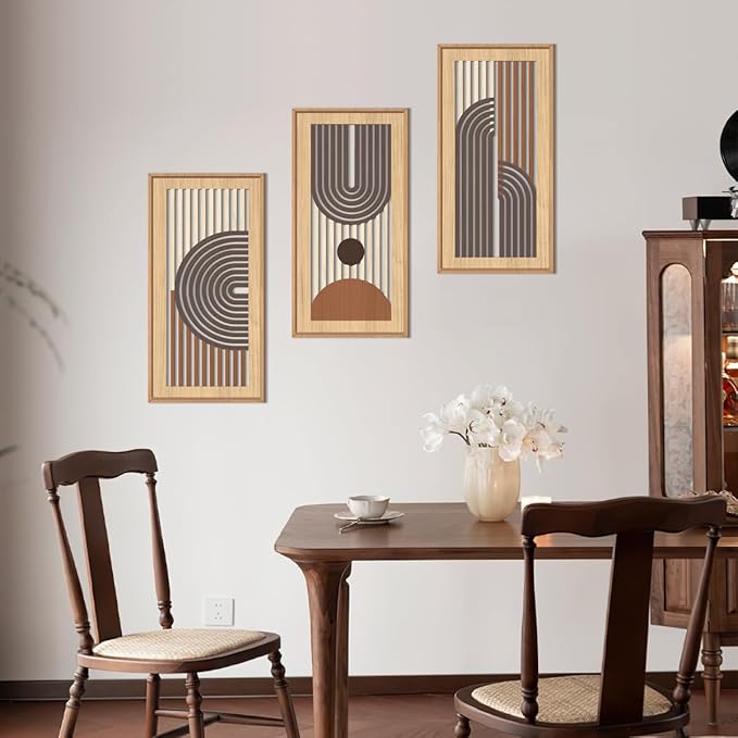 IARTTOP Mid-century Modern Boho Wooden Wall Art Framed 8x16 Inch Orange Abstract Bohemian Wood Wall Decor Set of 3 Minimalist Geometry Artwork for Living room Bedroom Office