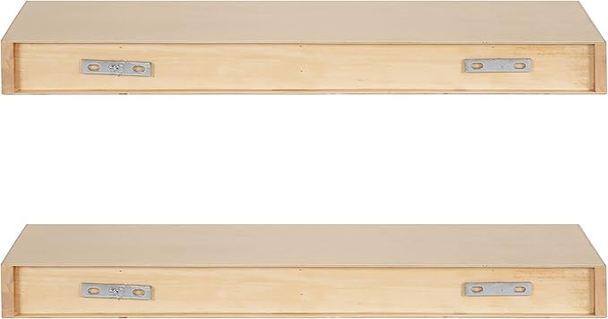 Kate and Laurel Havlock Modern Natural Floating Shelves; Set of 2; 24 x 8; Natural Wood; Mid-Century Bathroom and Kitchen Shelves for Storage and Display