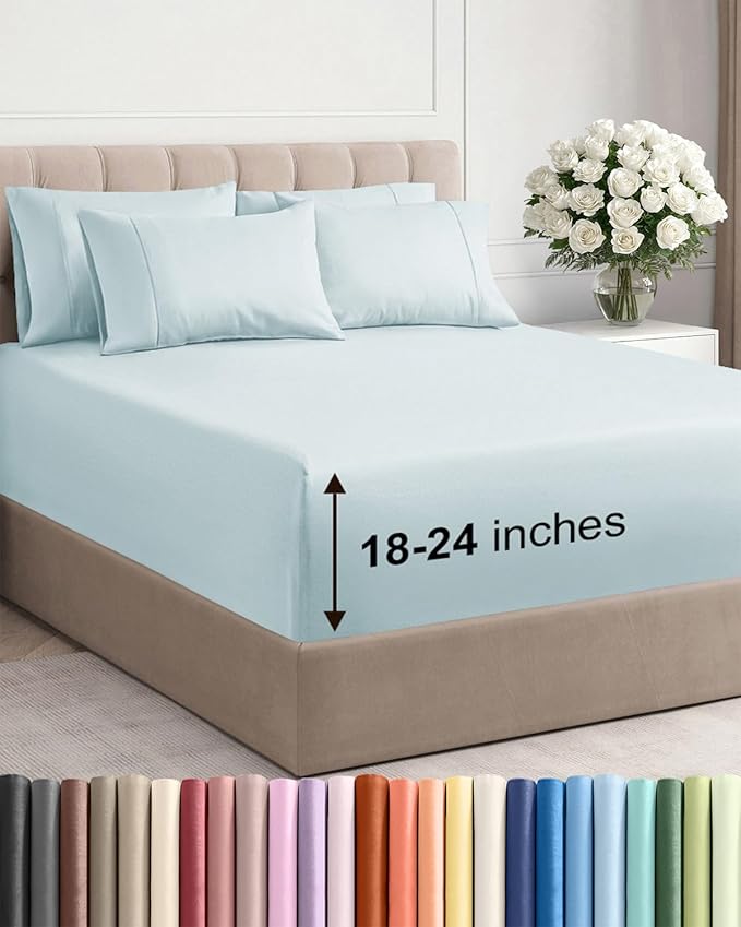 Extra Deep Queen Sheet Set - 6 Piece Breathable and Cooling Sheets - Hotel Luxury Bedding for Women, Men, Kids & Teens - Easy Secure Fit - Soft, Wrinkle Free and Comfy - Extra Deep Pockets - Ice Blue