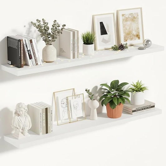 Vivelove 10 in Deep Floating Shelves for Wall, 47.2" x 10.2" x 1.5" Shelves for Room Wall Mounted, 1.5 Inch Thick Shelf for Bathroom Bedroom Kitchen Book Room, Modern Farmhouse Decor, Set of 2, White