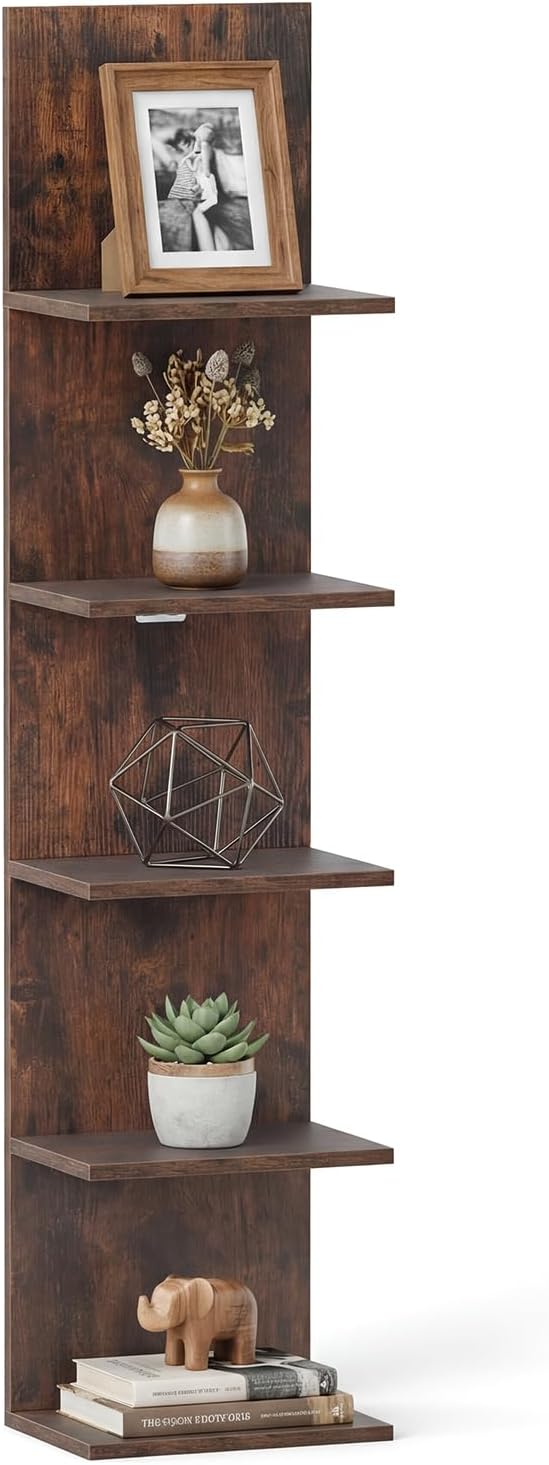 GOFLAME 5-Tier Wall Shelf, Wooden Display Floating Shelves, Wall Mounted Bookshelf Shelving Unit, Modern Storage Organizer Vanity Shelves for Living Room, Bedroom, Home Office (1,Rustic Brown)