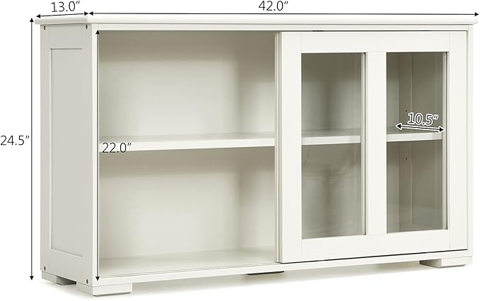 Sideboards Buffet Cabinet, Sliding Tempered Glass Door Coffee Bar, Console Table with Adjustable Shelf, Credenzas for Living Room, Stackable Kitchen Cupboard for Dining Room (White)