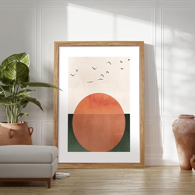 Framed Japanese Minimalist Sunset With Bird Wall Art Nature Geometric Abstract Poster Modern Mid Century Eclectic Canvas Prints for Living Room Gallery Home Decor 20x30 inch