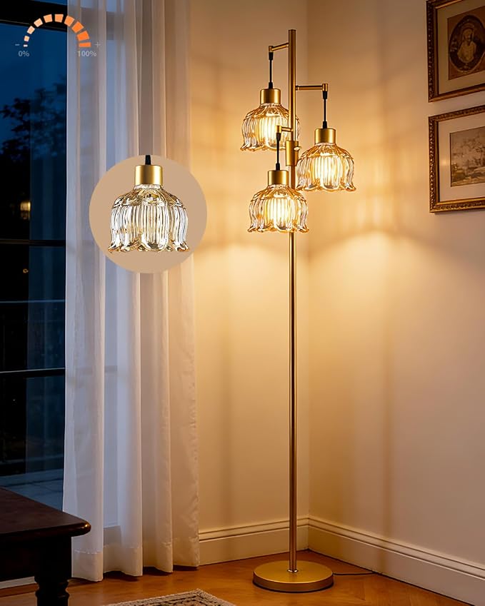 3-Light Modern Glass Floor Lamp, Gold Standing Tall Lamp with Amber Vertical Rib Glass Shade for Reading, Dimmable LED Floor Lamp with 5Lbs Heavy Base for Living Room Bedroom Home Decor, Bulb Included