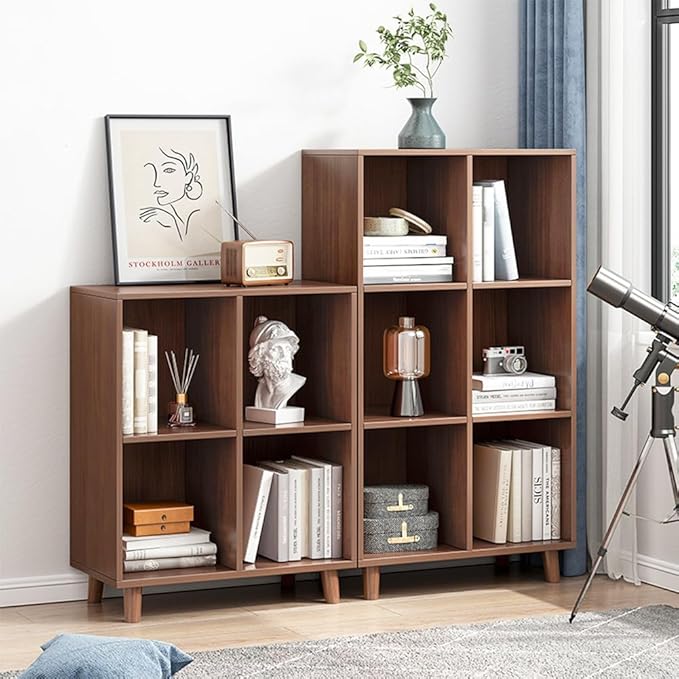 IOTXY Open Cube Low Bookcase - 3-Tier Freestanding Storage Display Cabinet Organizer with Legs for Home Office, 6-Cubes Open Shelf Short Bookshelf, Walnut