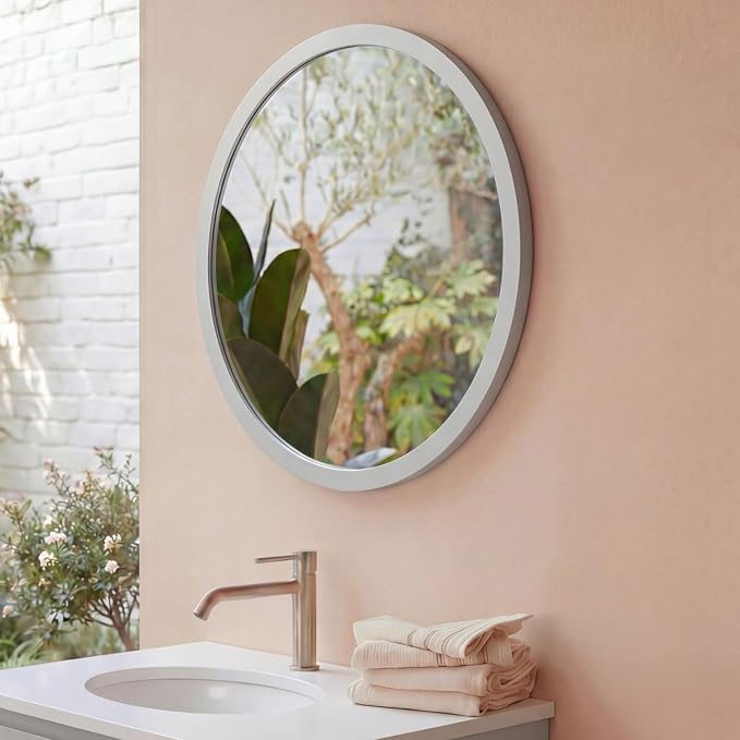 ARIEL Round Wooden Mirror 24" in Grey, Wood Circle Wall Mirror for Bathroom, Vanity, Entryway & Living Room Decor, Farmhouse Style