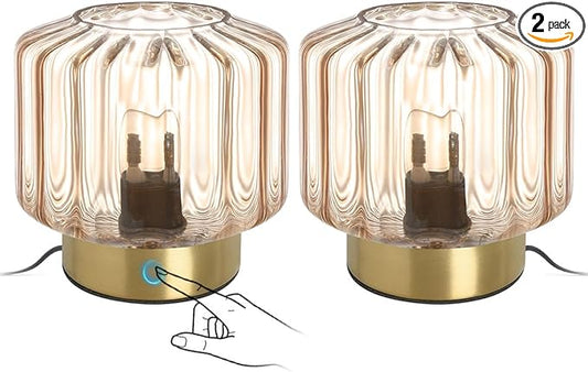 Mid Century Table lamp of 2 Small Table Lamps with Touch Switch Amber Glass Table lamp Gold Desk lamp Modern nightstand lamp Bedside Table Lamps for Bedroom Living Room Office