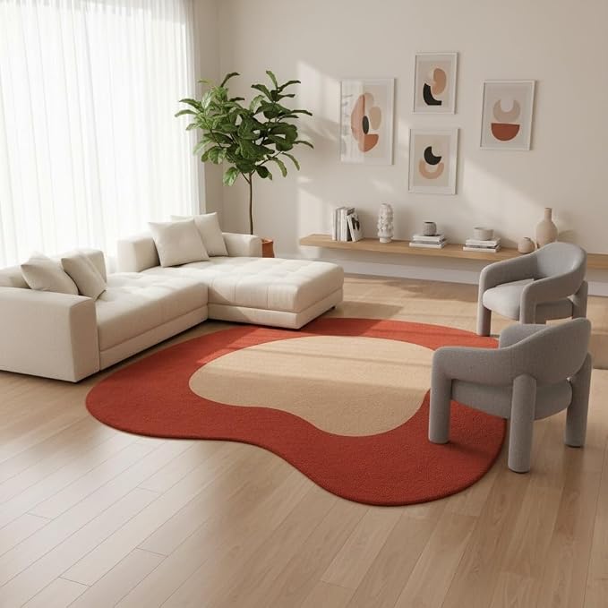 Red Beige Brown Irregular Rug Minimalist Modern Abstract Area Rug for Living Room Bedroom Playroom Unique Designer Machine Washable Comfort Carpet Boho Home Office Nursery Non Shedding Floor Mat 5ft