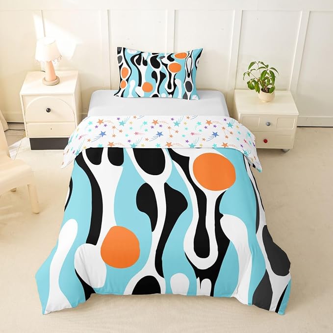 Erosebridal Organic Abstract Duvet Cover Set Modern Contemporary Twin Bedding Sets for Girls Little Boys Boho Mid Century Wavy Lines Comforter Cover Retro Geometric Bed Set,Turquoise Orange