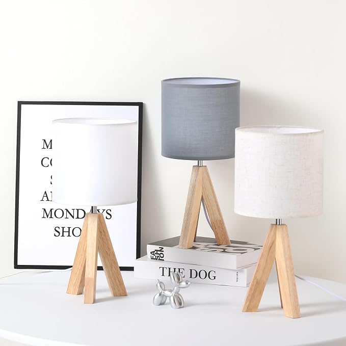 Table Lamp,Small Tripod Desk Lamp with Linen Fabric Lampshade,14.9",Tri-Color 5W Wooden Table Lamp for Living Room,Kids Room,Nursery (White)