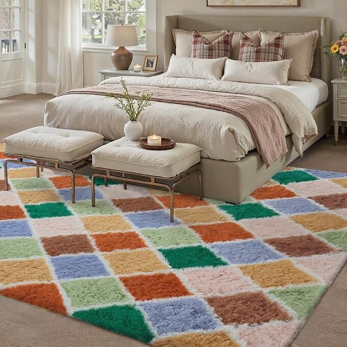 5x8 Checkered Rug for Bedroom Colorful Modern Soft Area Rug Fluffy Non-Slip Carpet for Living Room Playroom Home Aesthetic Decor