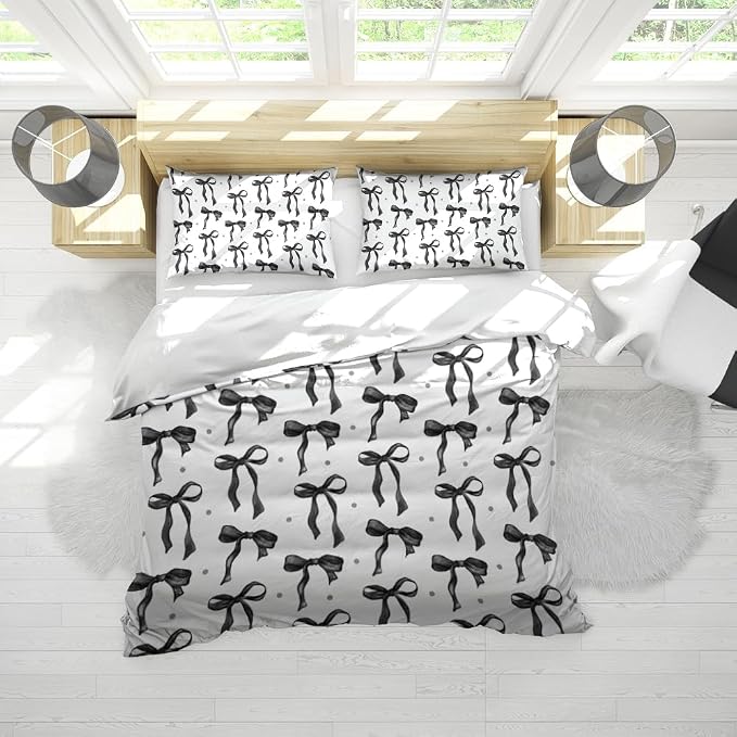 Black Duvet Cover Queen Size Trendy Black and White Bow Bowknot Bedding Set Kids Girls Soft Bedding Set Comforter Quilt Cover for Women Teens Funky Preppy Girly Coquette Room Decor 88"x88"