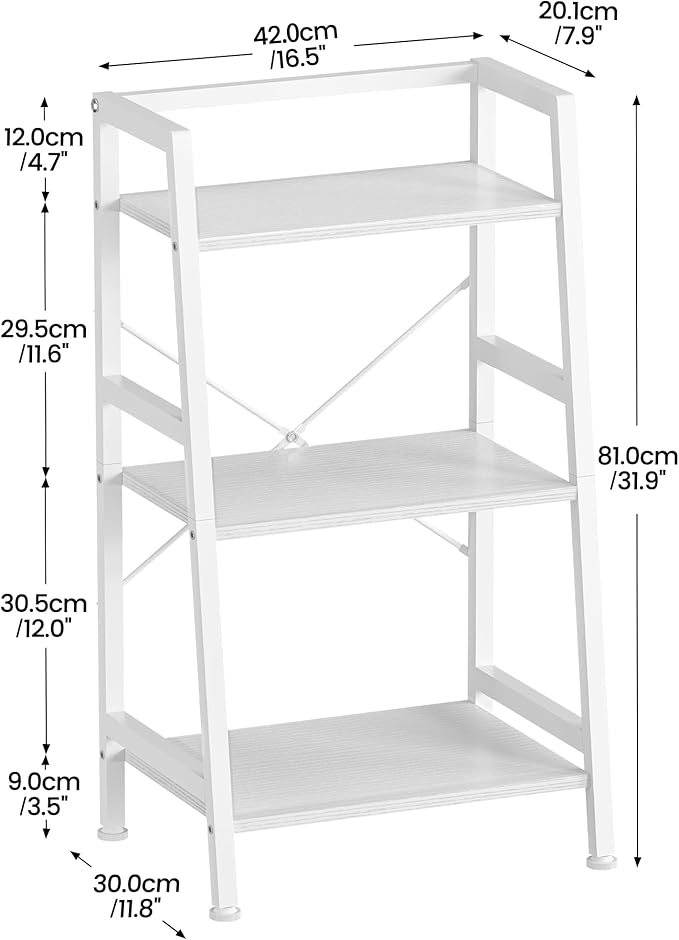 3-Tier Bookshelf, Ladder Shelf, Stand Up Shelves, Industrial Bookcase with Steel Frame, Metal Small Bookcase, for Living Room, Home Office, Kitchen, Bedroom, Industrial Style（White）