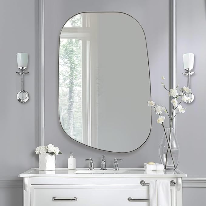 ANDY STAR 24"x32" Chrome Mirror, Silver Asymmetrical Wall Mirror for Bathroom, Unique Irregular Design with SUS304 Stainless Steel Metal Frame, Ideal for Bathroom, Bedroom, Entryway