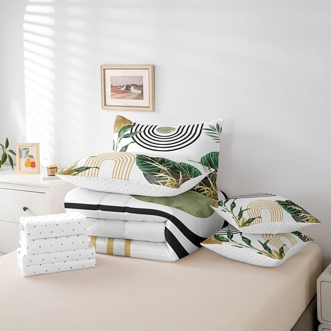 Erosebridal Boho Mid Century Bed in A Bag 7 Pcs Vintage Minimalist Art Comforter Set for Women Men Abstract Tropical Aesthetic Bedding Sets King Retro Botanical Leaves Sun Sheet Set with Comforter