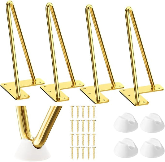 SMARTSTANDARD 8 Inch Hairpin Furniture Legs, 3/8'' Rods Metal Home DIY Projects for Nightstand, Coffee Table, Bed with Rubber Floor Protectors, Gold Set of 4PCS