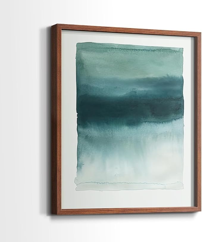 Renditions Gallery Set of 2 Peel & Stick Framed Prints, Tie Dye Abstract Wall Art, Sage Green Watercolor Horizon Wall Decor, Re-Stickable - Ready to Hang - 11"x14" - Walnut Frame LT588