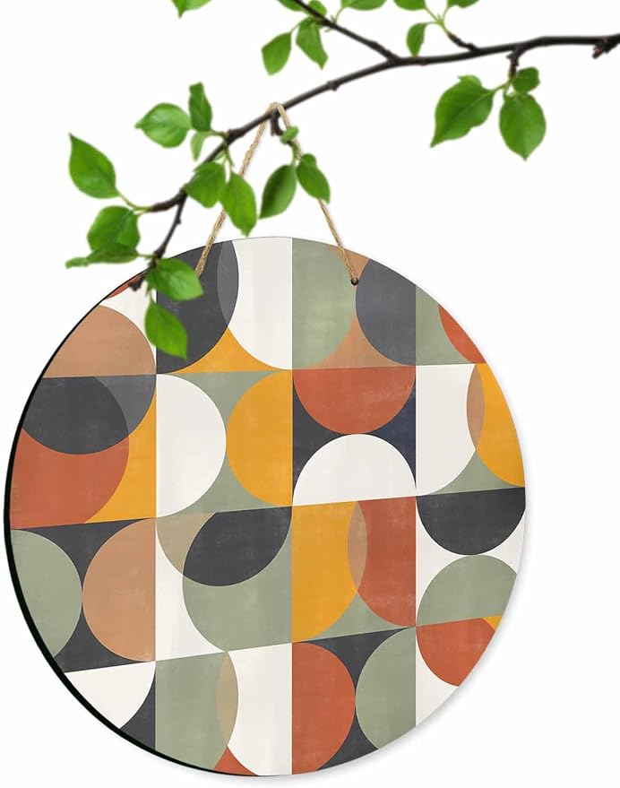 Welcome Sign for Front Door Mid Century Geometric Wood Door Hanger for Outdoor Outside Porch,10 Inch Round Wooden Wreath Indoor Wall Hanging Decoration, Abstract Modern Retro
