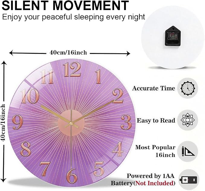 16 Inch Purple Sunburst Glass Wall Clock Silent Art Decor | Silent glossy clock with a purple sunburst and rose gold numbers, perfectly tracking time for your bedroom or living room
