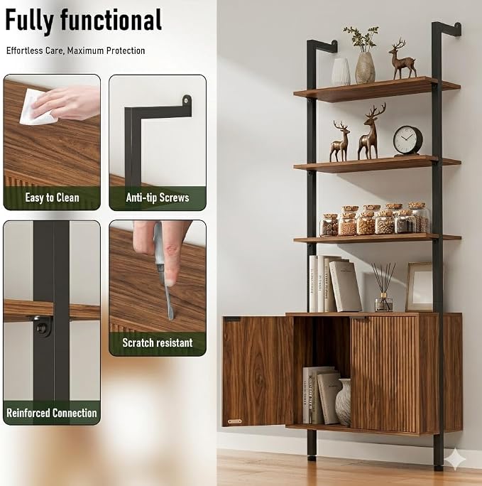INNOD 74" Tall Bookshelf with Storage Cabinet, Modern Ladder Shelf with Wood and Metal Frame, Wall Mount Bookcase Open Display Shelf Furniture for Living Room, Bedroom, Home Office, Walnut