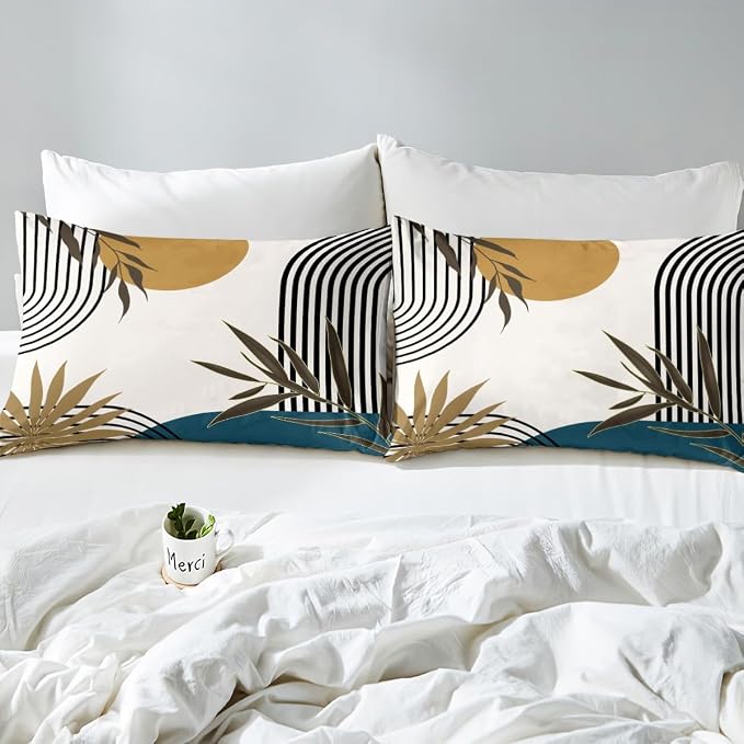 Erosebridal Abstract Modern Blue Comforter Cover King for Kids Teens Adults,Mid Century Boho Duvet Cover,Botanical Minimalist Bedding Set,Geometric Leaves Bed Set 3 Pcs Bedroom Decor