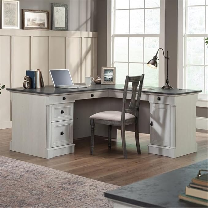 Bowery Hill L-Shaped Engineered Wood Desk, Glacier Oak/Rosso Slate Finish, 68.74"W x 65.11"D x 29.60"H, Multiple Drawers, File Storage, Adjustable Shelf, Grommet Holes, Home Office Computer Workspace