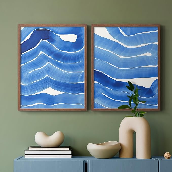 Renditions Gallery Set of 2 Peel & Stick Framed Prints, Watercolor Abstract Wall Art, Bold Brushstrokes in Shades of Blue Wall Decor, Re-Stickable - Ready to Hang - 16"x20" - Walnut Frame LT588