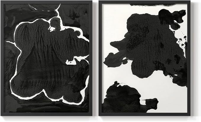 Renditions Gallery Set of 2 Peel & Stick Framed Prints, Fluid Abstract Wall Art, Black and White Inkblot Wall Decor, Re-Stickable - Ready to Hang - 8"x10" - Black Frame LT588