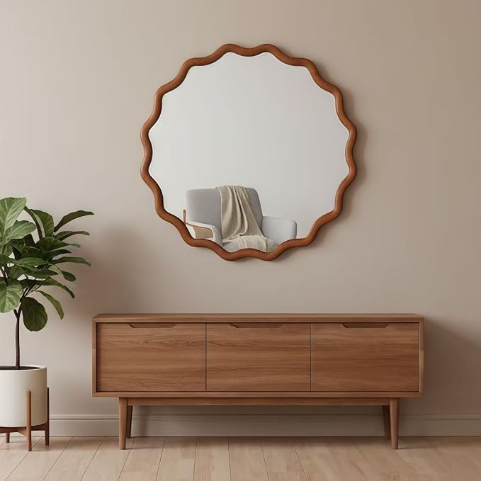 24 Inch Wooden Wavy Round Wall Mirror, Modern Solid Wood Frame Circle Decorative Accent Mirror for Bedroom, Bathroom, Living Room, Entryway, Yellowish Brown