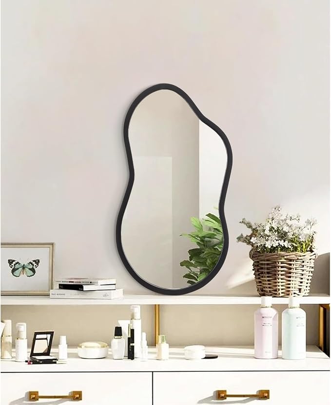AAZZKANG Black Wall Mirror with Wood Framed Small Irregular Hanging Mirrors Modern Asymmetrical for Bedroom Living Room Entryway Bathroom Decorative 18"x10"