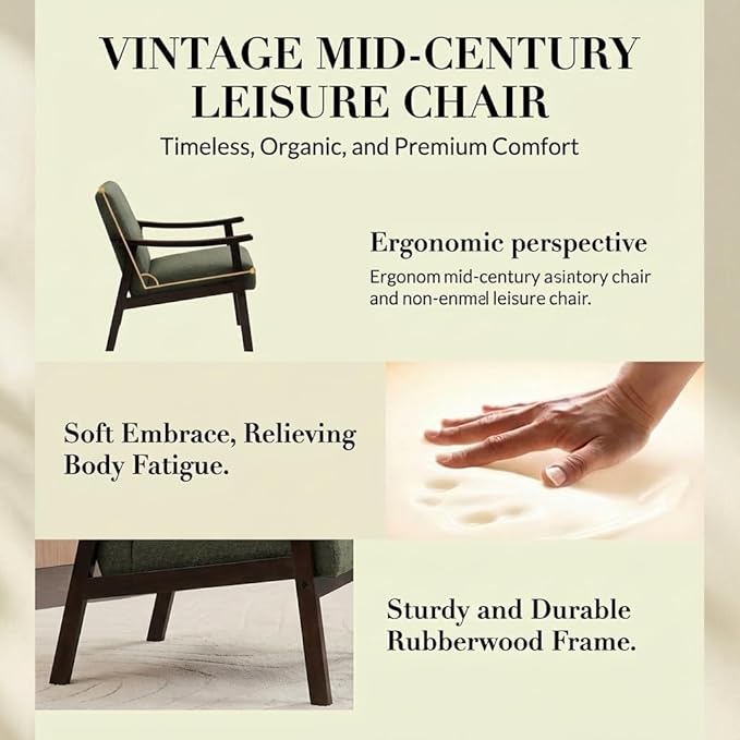 Mid-Century Modern Accent Chair, Upholstered Arm Chair Solid Wood Frame for Lounge, Living Room, Reading Room, Bedroom (Antique Green)