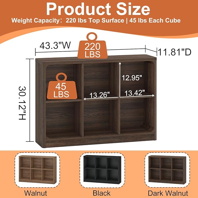 FATORRI 6 Cube Storage Bookcase, Rustic Wood Horizontal Bookshelf with Rounded Corners, Low Cube Organizer Shelf for Living Room, Bedroom, Office (Dark Walnut, 43 Inch)