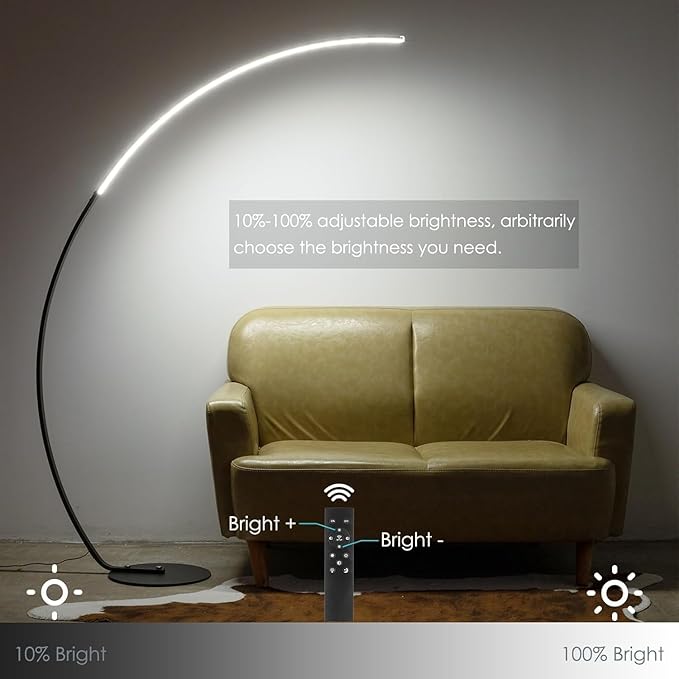NUÜR Modern Arc Floor Lamp with Remote Control, 67" Tall Bright LED Standing Lamp, Stepless Dimmable & 3 Color Temperatures, Minimalist Curved Pole Light for Living Room, Bedroom & Office, Black