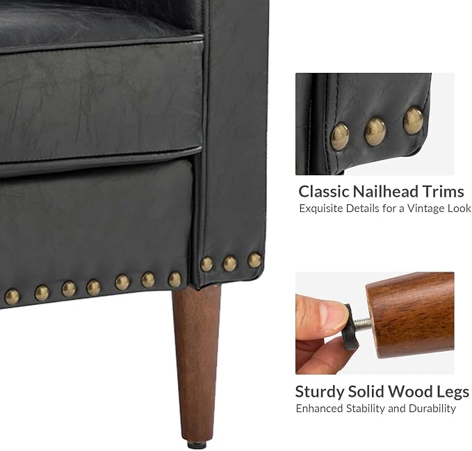 HULALA HOME Faux Leather Accent Armchair with Back & Seat Cushions, Traditional Club Chair with Nailhead Trim, Comfy Upholstered Sofa Chair for Bedroom & Living Room, Black