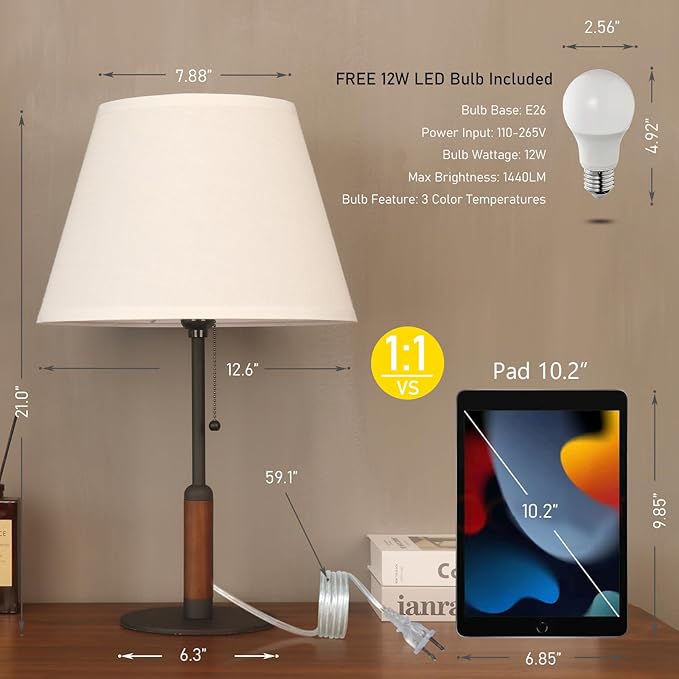 21" Modern Bedside Lamp Mid Century Table Lamp, Pull Chain Nightstand Lamp for Bedroom Living Room 3-Color Light, Solid Wood/Metal/Fabric for Home/Office/Desk Decor (Off White+Sand Black)