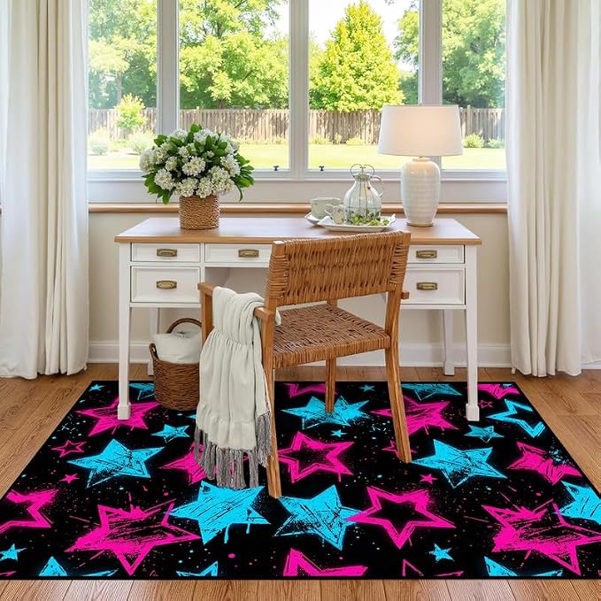 3'x5' Neon Star Area Rug Black Pink and Blue Floor Mat Abstract Star Print Rugs Washable Non-Slip Carpet for Entryway Bedroom Living Room Nursery Kitchen Playroom Home Decor