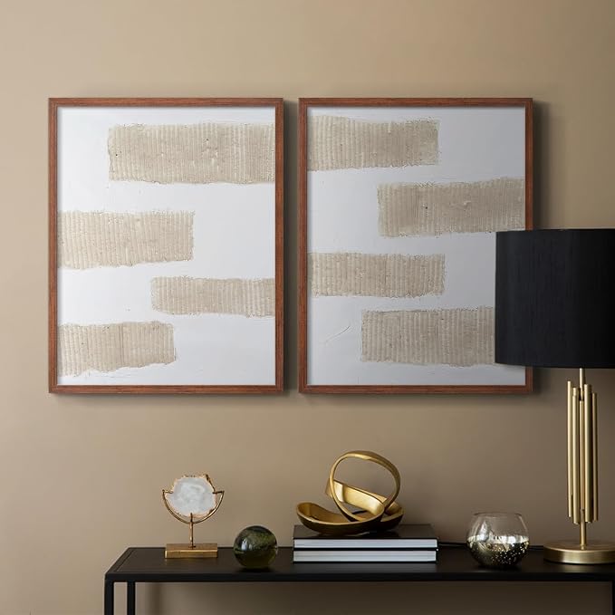 Renditions Gallery Set of 2 Peel & Stick Framed Prints, Modern Abstract Wall Art, Textured Brush Strokes Wall Decor, Re-Stickable - Ready to Hang - 22"x28" - Walnut Frame LT588