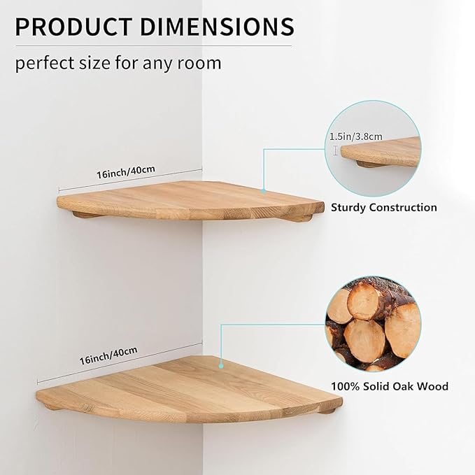 Corner Shelves, Floating Corner Shelf, Set of 2 16inch Solid Oak Wood Wall Shelves, Round End Wall Mount Display Shelf with Wire Hole for Bedroom Kitchen, Living Room (Oak, 16in 2P)