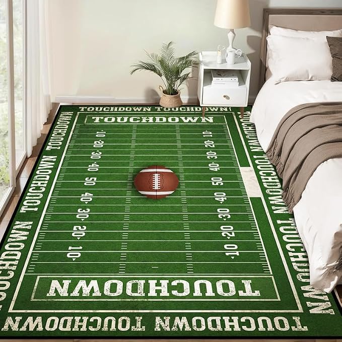 5'x7' Football Field Area Rug Sports Themed Carpet for Nursery Bedroom Playroom Classroom Living Room Home Decor Non Slip Washable Game Room Play Mat