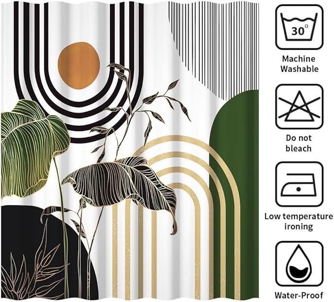 Mid Century Boho Shower Curtain for Bathroom Modern Abstract Minimalist Bathroom Decor Set Black Gold Leaf Sun Arch Bathtub Curtains Machine Washable Waterproof Polyester Fabric with Hooks 70x72 Inch
