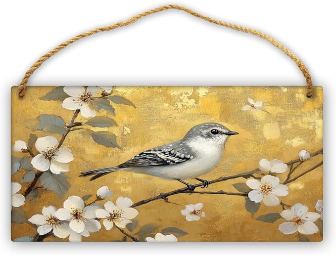 Artistic Retro Bird on Floral Branches Wooden Wall Art, Luxe Home Decors for Vintage Enthusiasts, 12x6 Inch Wood Sign to Add Glamour to Your Bedroom