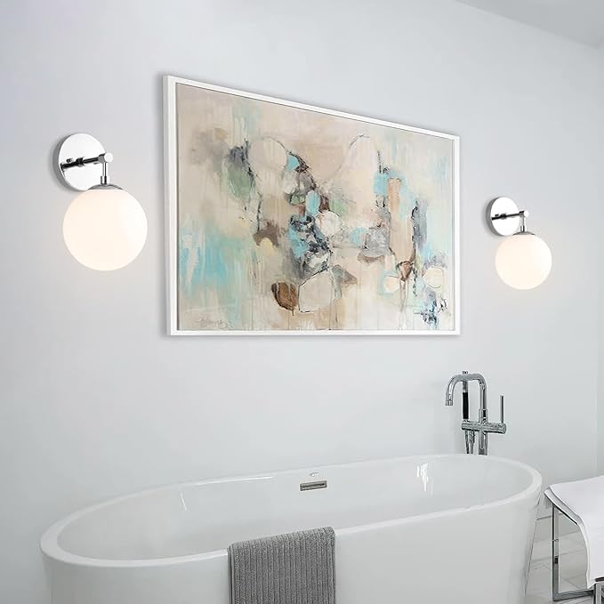 XiNBEi Lighting Globe Wall Sconce Modern 1 Light Chrome Sconce Bathroom Opal Glass Vanity Wall Light Fixture for Bath, Hallway & Bedroom XB-W1211-CH
