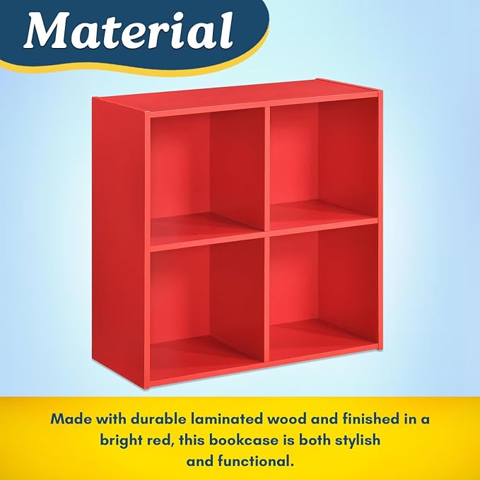 Kings Brand Furniture George 4-Cube Storage Organizer, 2-Tier Bookcase with Wood Shelves for Living Room, Bedroom, Nursery, or Home Office (Red, 1-Pack)